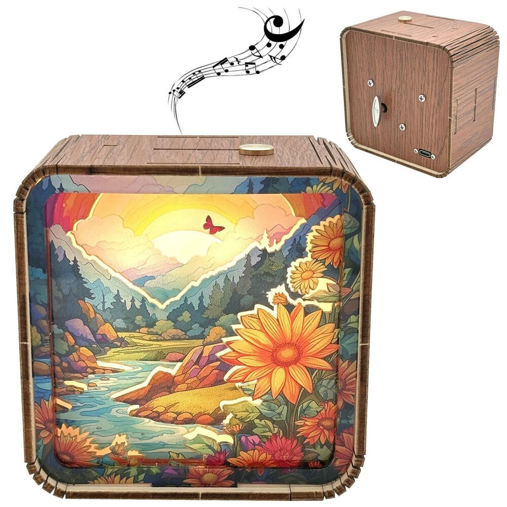 5104 3D Wooden Handmade Touch LED Night Light Wind Up Music Box